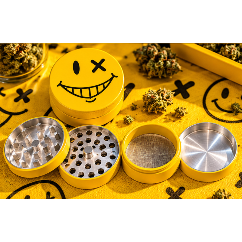 Grinder Smiley en métal 4 parties – Broyeur à herbes avec tamis Grinder Smiley en métal 4 parties – Broyeur à herbes avec tamis