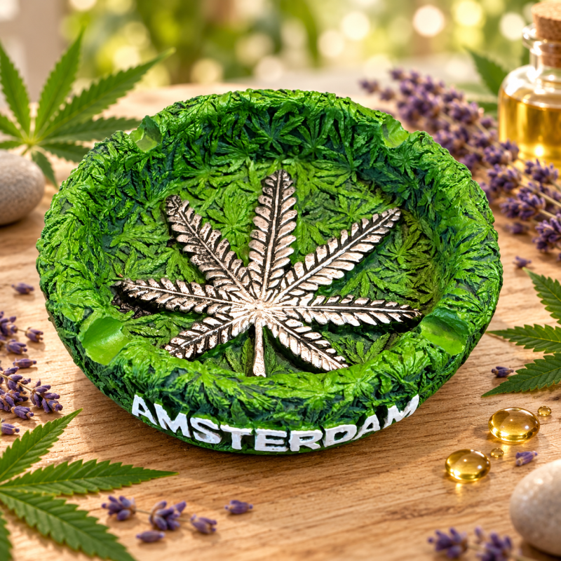 Cendrier rond Amsterdam – Feuilles de cannabis en relief