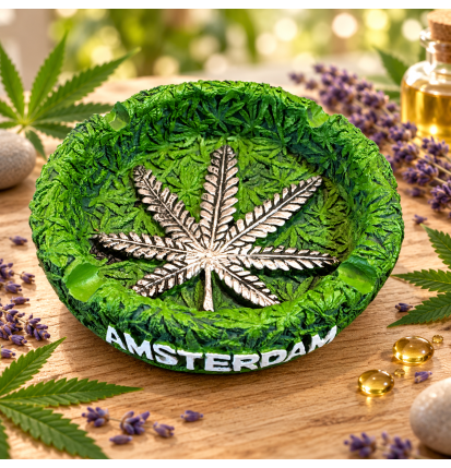 Cendrier rond Amsterdam – Feuilles de cannabis en relief