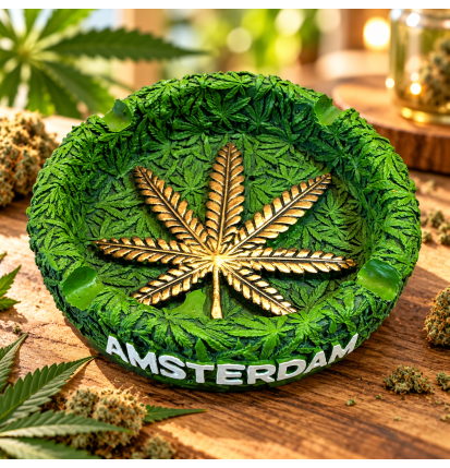 Cendrier rond Amsterdam – Feuilles de cannabis en relief