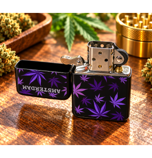 Briquet en métal Amsterdam – Noir à feuilles violettes