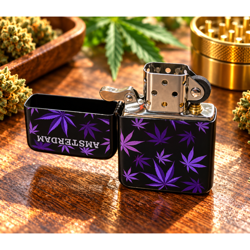 Briquet en métal Amsterdam – Noir à feuilles violettes Briquet en métal Amsterdam – Noir à feuilles violettes