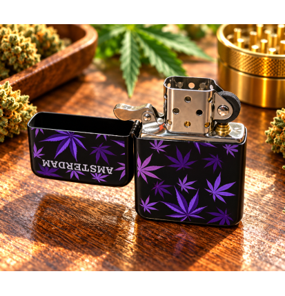 Briquet en métal Amsterdam – Noir à feuilles violettes