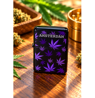 Briquet en métal Amsterdam – Noir à feuilles violettes