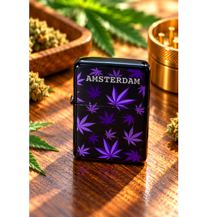 Briquet en métal Amsterdam – Noir à feuilles violettes