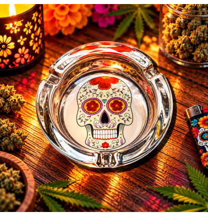 Cendrier rond en verre – Tête de mort Calavera