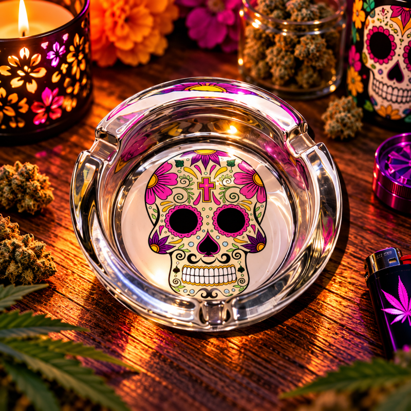 Cendrier rond en verre – Tête de mort Calavera Cendrier rond en verre – Tête de mort Calavera