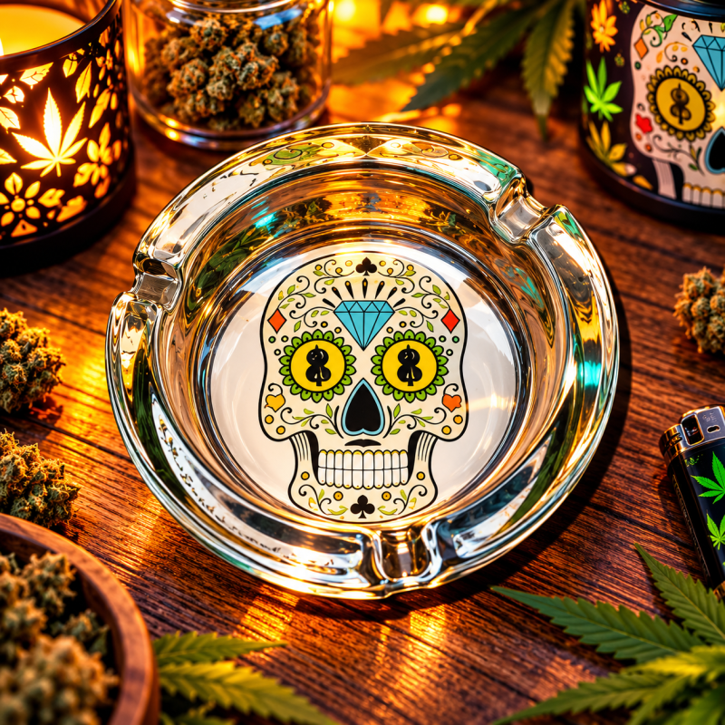 Cendrier rond en verre – Tête de mort Calavera Cendrier rond en verre – Tête de mort Calavera