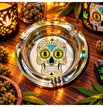 Cendrier rond en verre – Tête de mort Calavera