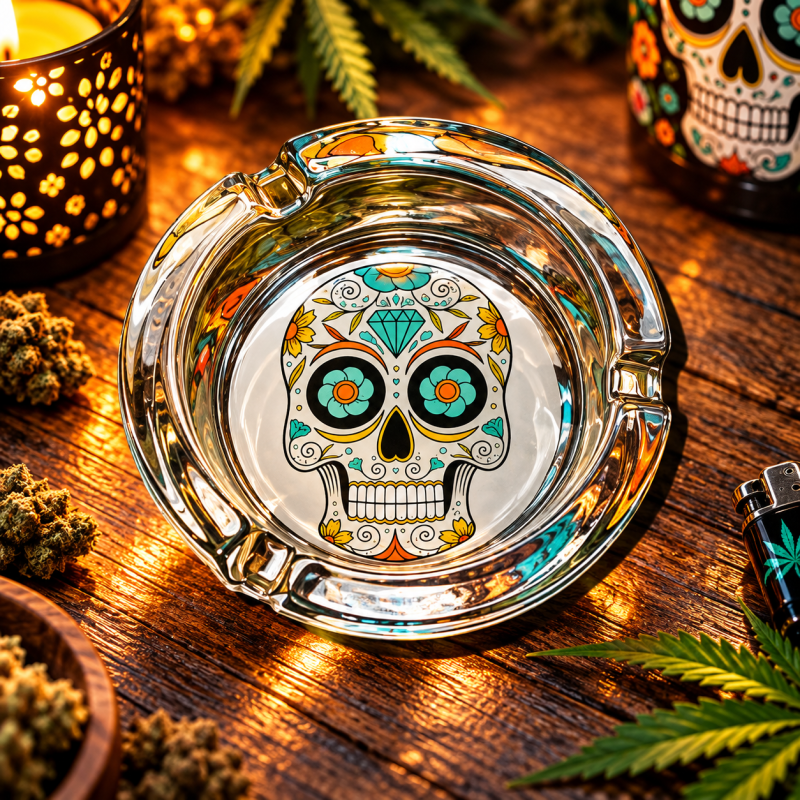 Cendrier rond en verre – Tête de mort Calavera Cendrier rond en verre – Tête de mort Calavera