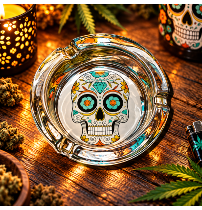 Cendrier rond en verre – Tête de mort Calavera