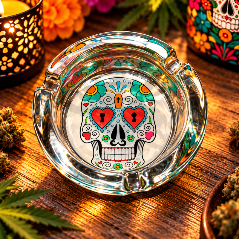 Cendrier rond en verre – Tête de mort Calavera Cendrier rond en verre – Tête de mort Calavera