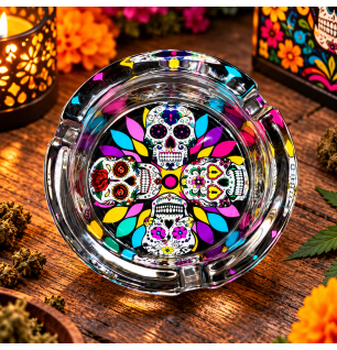 Cendrier rond en verre – Tête de mort Calavera