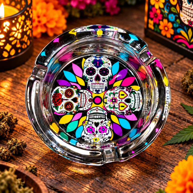 Cendrier rond en verre – Tête de mort Calavera Cendrier rond en verre – Tête de mort Calavera