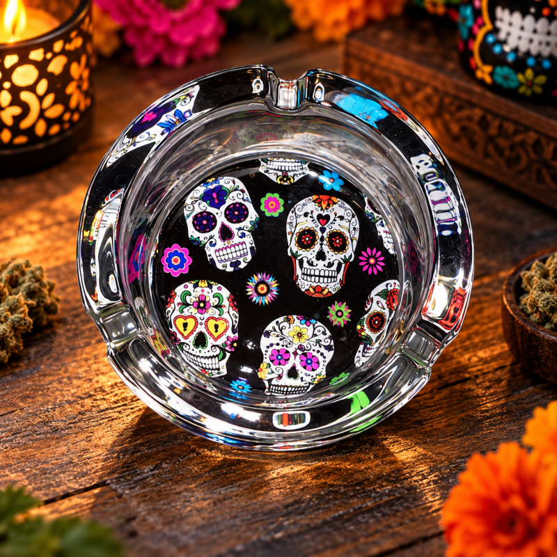 Cendrier rond en verre – Tête de mort Calavera