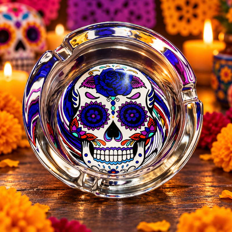Cendrier rond en verre – Tête de mort Calavera Cendrier rond en verre – Tête de mort Calavera