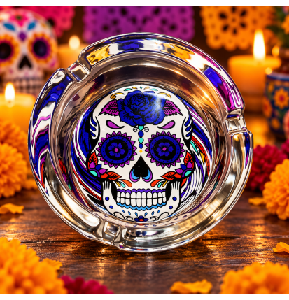 Cendrier rond en verre – Tête de mort Calavera