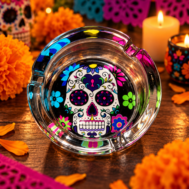 Cendrier rond en verre – Tête de mort Calavera Cendrier rond en verre – Tête de mort Calavera