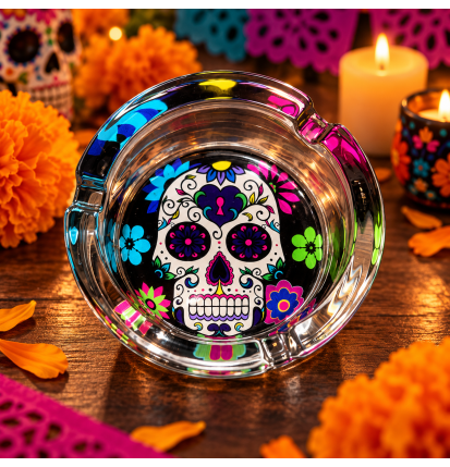 Cendrier rond en verre – Tête de mort Calavera