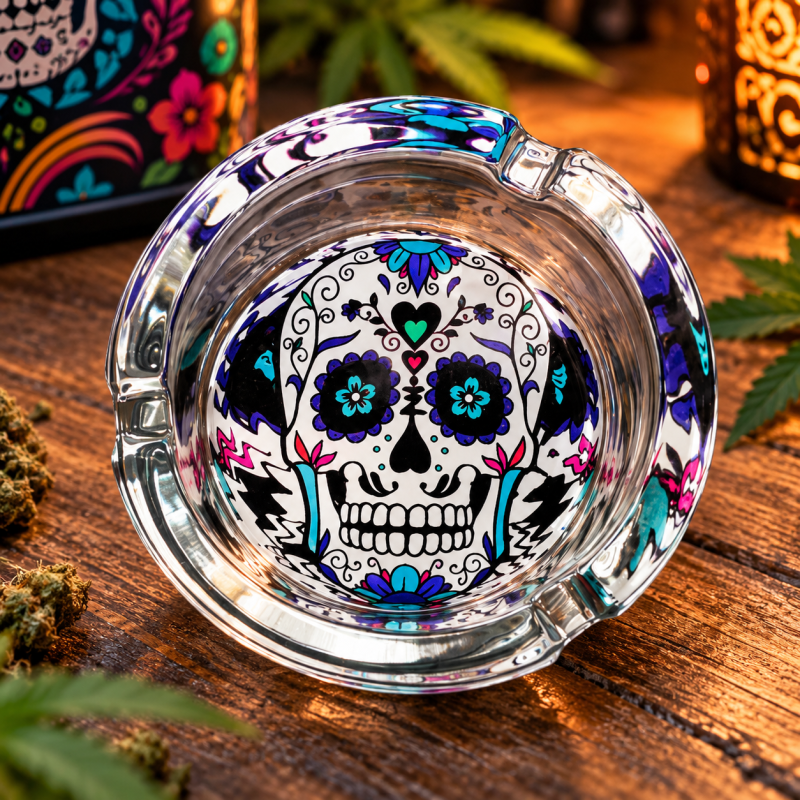 Cendrier rond en verre – Tête de mort Calavera Cendrier rond en verre – Tête de mort Calavera