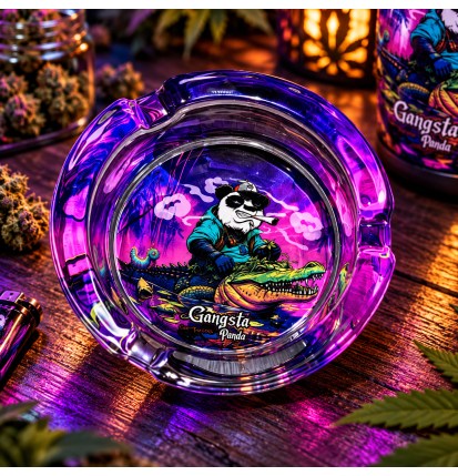 Cendrier rond en verre Gangsta Panda – Repose-cigarette intégré