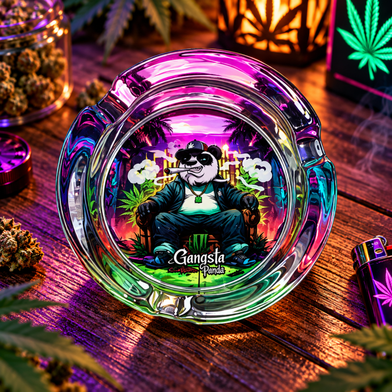 Cendrier rond en verre Gangsta Panda – Repose-cigarette intégré Cendrier rond en verre Gangsta Panda – Repose-cigarette intégré
