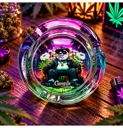 Cendrier rond en verre Gangsta Panda – Repose-cigarette intégré