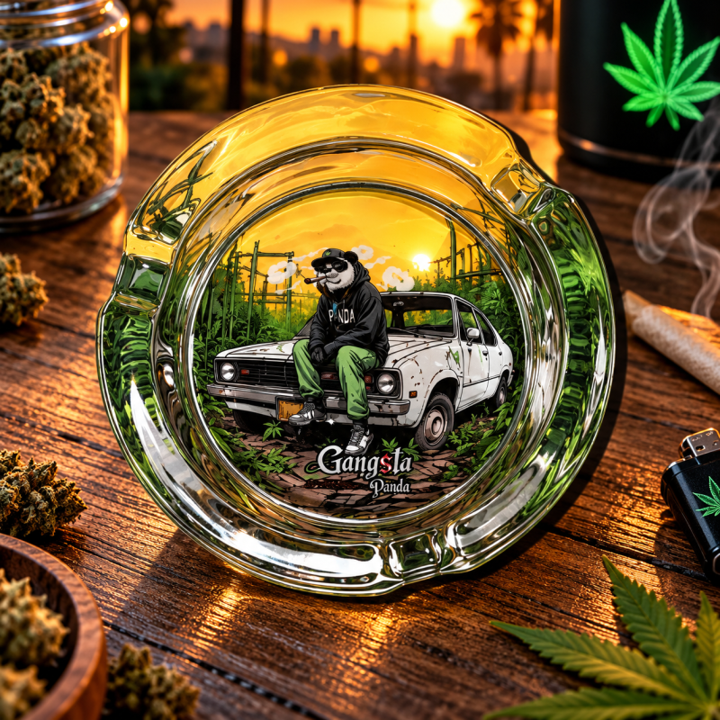 Cendrier rond en verre Gangsta Panda – Repose-cigarette intégré Cendrier rond en verre Gangsta Panda – Repose-cigarette intégré