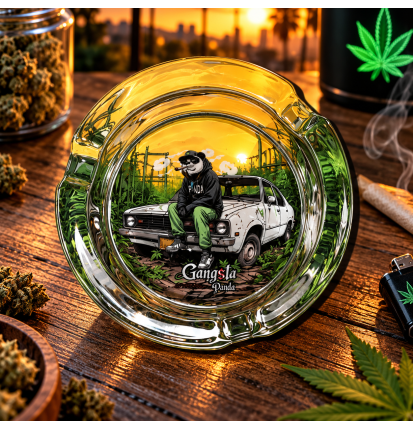 Cendrier rond en verre Gangsta Panda – Repose-cigarette intégré